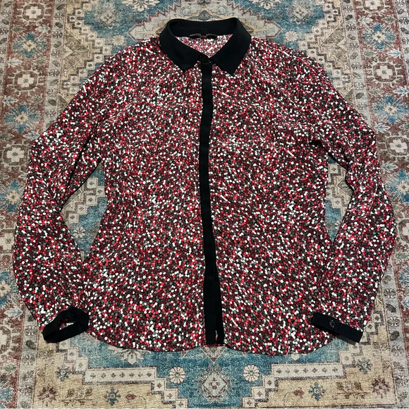 Lafayette 148 100% Silk Dot Print Blouse In Black Red White Gray Sz 2 - Picture 9 of 14